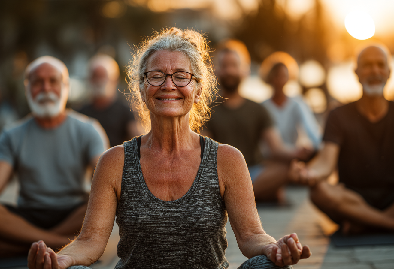 Жінка зрілого віку виконує асану йоги на природі
